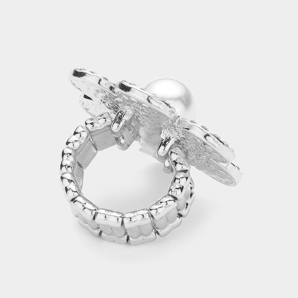 Pearl Rhinestone Paved Flower Stretch Ring - Picture 2 of 2